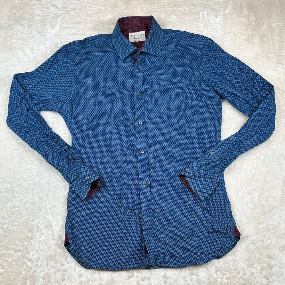 Ted Baker Blue Micro-Pattern Long-Sleeve Dress Shirt with Burgundy Accents